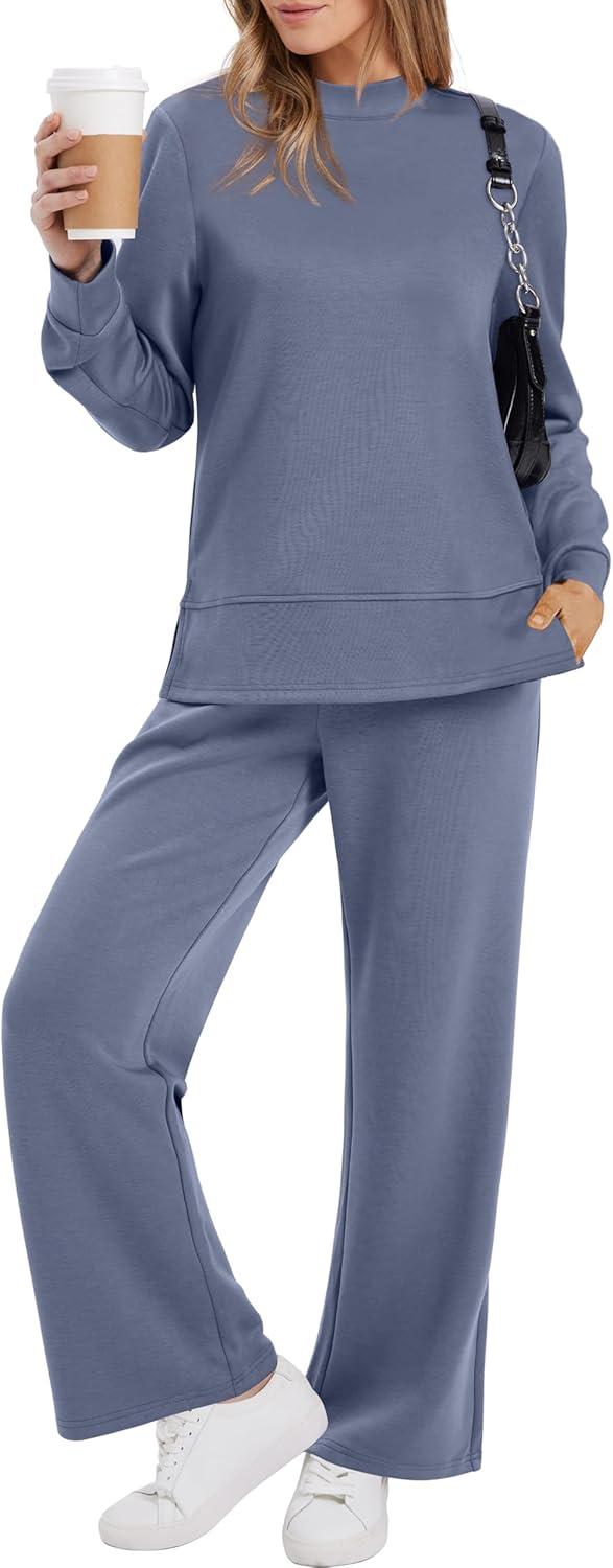 imageXIEERDUO Womens Side Slit Lounge Sets 2 Piece Outfits Mock Neck Tracksuit Fashion Sweatsuit Wide Leg Loungewear S3XLBlue