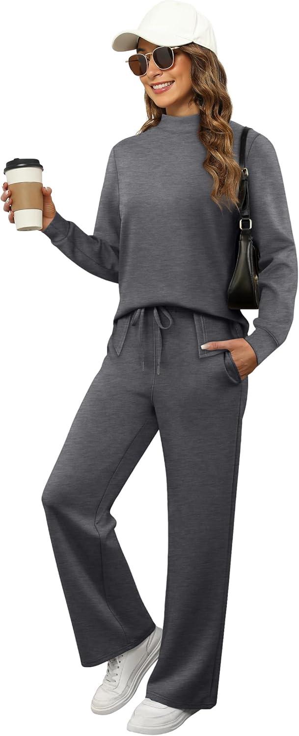 imageXIEERDUO Womens Side Slit Lounge Sets 2 Piece Outfits Mock Neck Tracksuit Fashion Sweatsuit Wide Leg Loungewear S3XLDark Grey