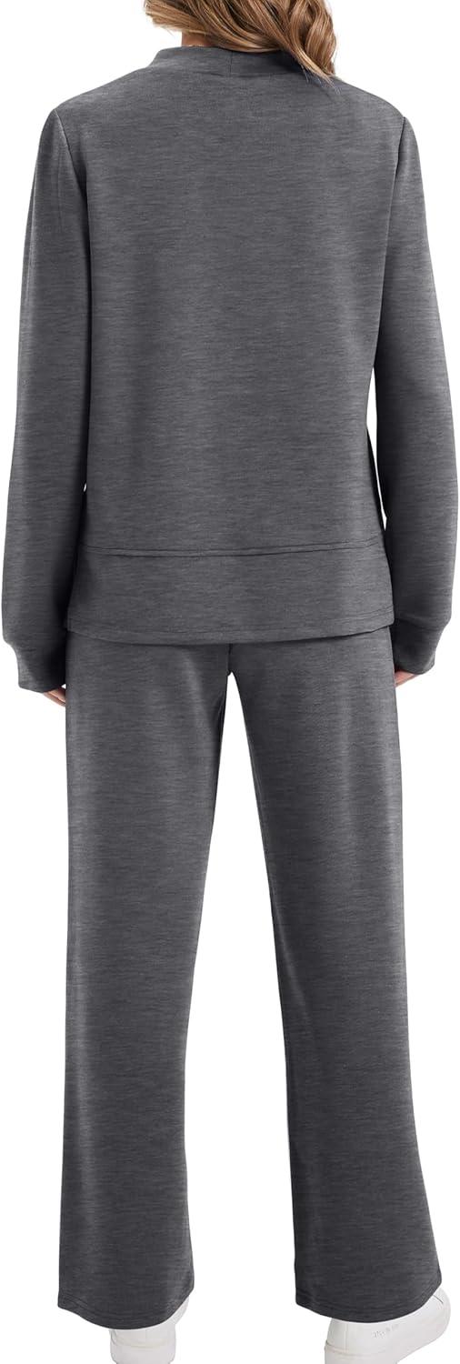 imageXIEERDUO Womens Side Slit Lounge Sets 2 Piece Outfits Mock Neck Tracksuit Fashion Sweatsuit Wide Leg Loungewear S3XLDark Grey