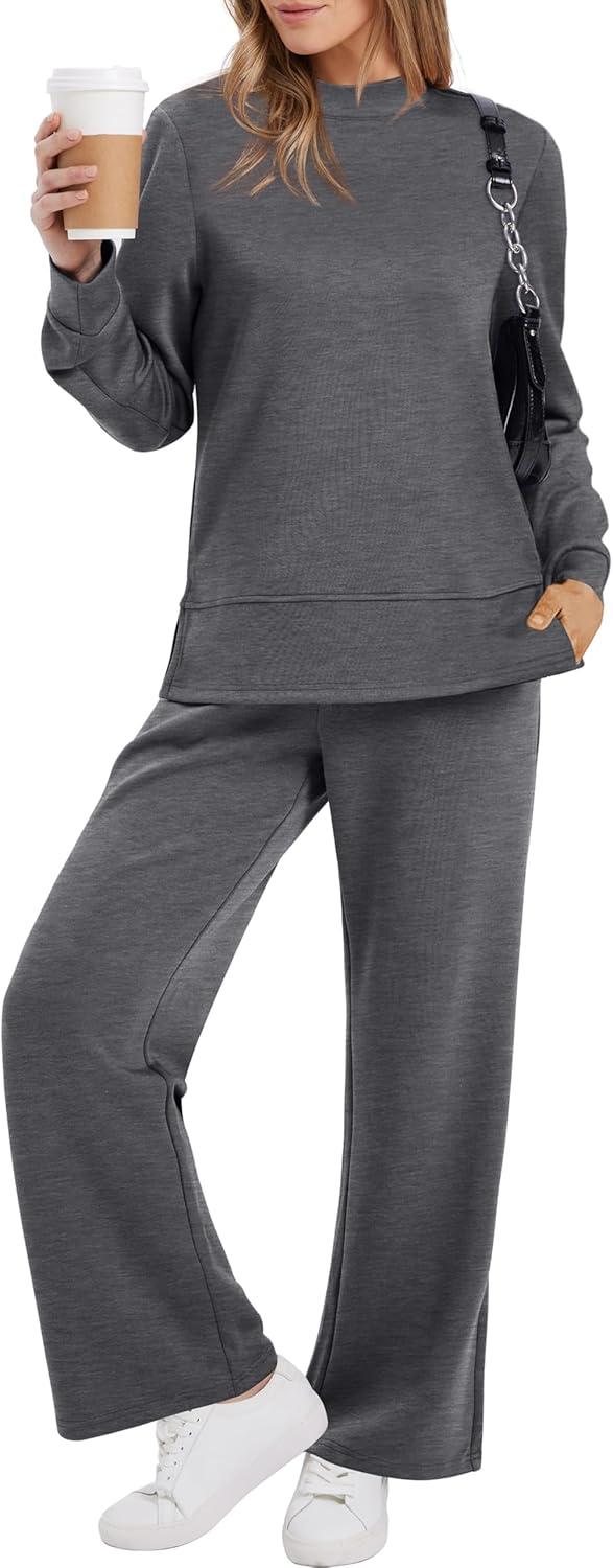imageXIEERDUO Womens Side Slit Lounge Sets 2 Piece Outfits Mock Neck Tracksuit Fashion Sweatsuit Wide Leg Loungewear S3XLDark Grey