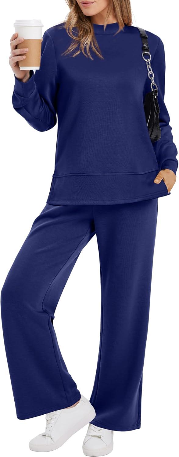 imageXIEERDUO Womens Side Slit Lounge Sets 2 Piece Outfits Mock Neck Tracksuit Fashion Sweatsuit Wide Leg Loungewear S3XLNavy
