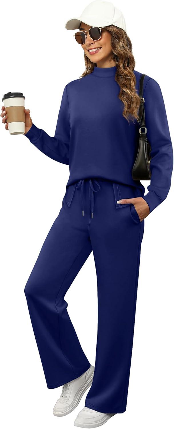 imageXIEERDUO Womens Side Slit Lounge Sets 2 Piece Outfits Mock Neck Tracksuit Fashion Sweatsuit Wide Leg Loungewear S3XLNavy