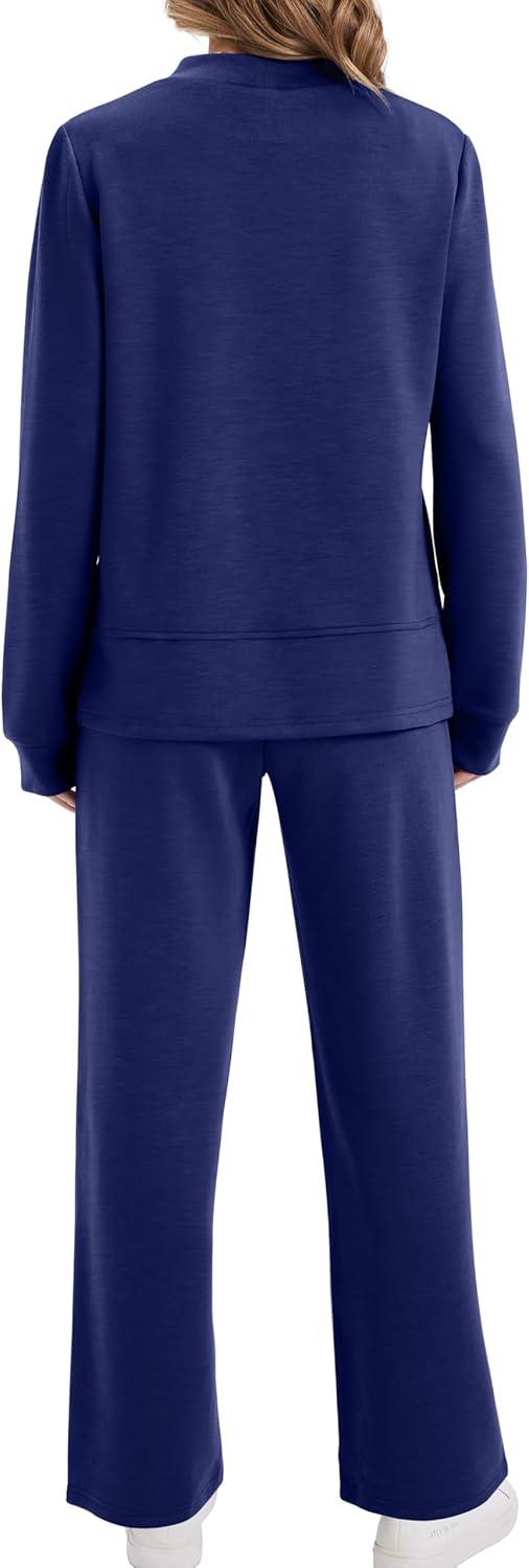 imageXIEERDUO Womens Side Slit Lounge Sets 2 Piece Outfits Mock Neck Tracksuit Fashion Sweatsuit Wide Leg Loungewear S3XLNavy