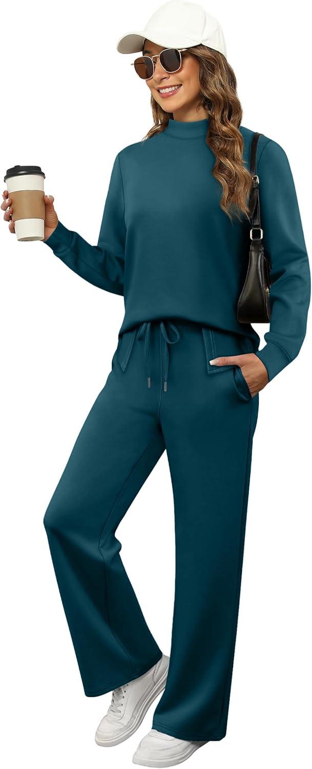 imageXIEERDUO Womens Side Slit Lounge Sets 2 Piece Outfits Mock Neck Tracksuit Fashion Sweatsuit Wide Leg Loungewear S3XLTeal