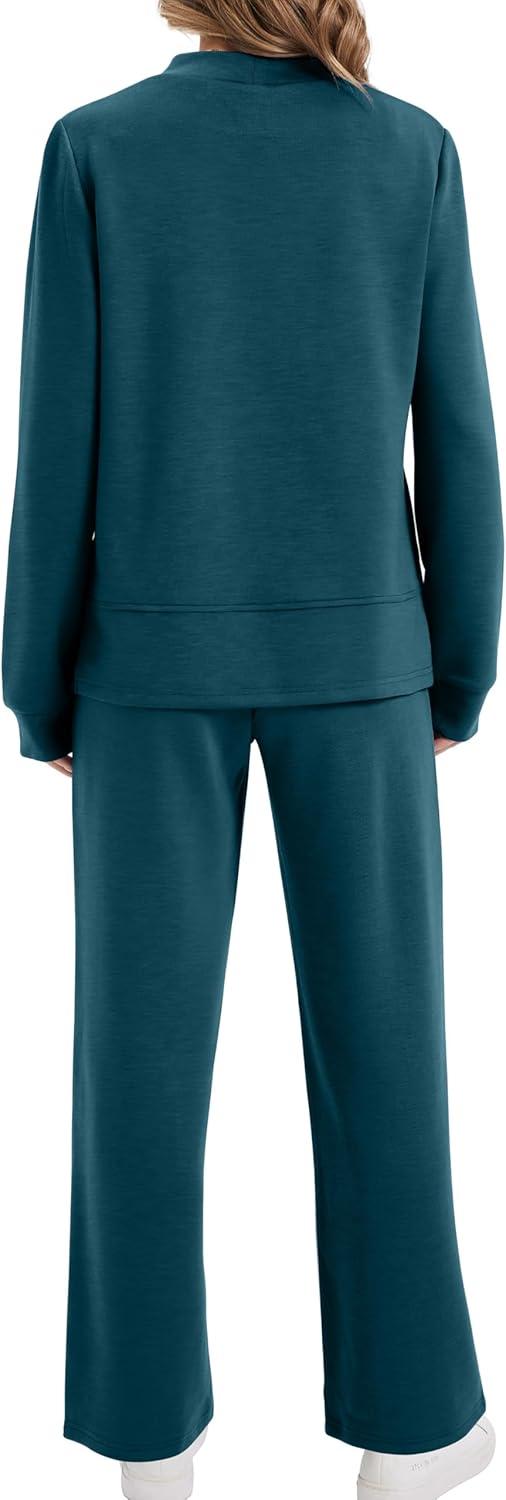 imageXIEERDUO Womens Side Slit Lounge Sets 2 Piece Outfits Mock Neck Tracksuit Fashion Sweatsuit Wide Leg Loungewear S3XLTeal