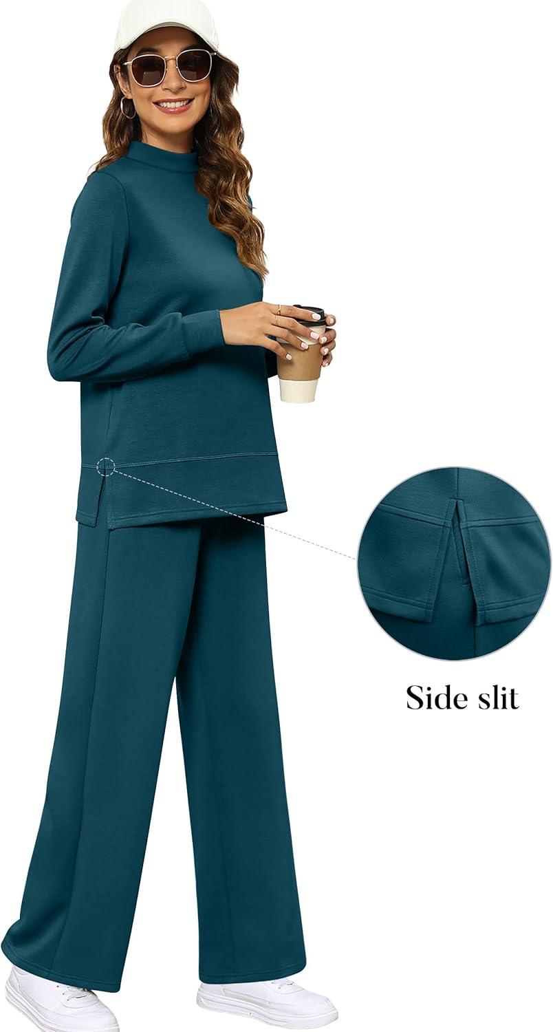 imageXIEERDUO Womens Side Slit Lounge Sets 2 Piece Outfits Mock Neck Tracksuit Fashion Sweatsuit Wide Leg Loungewear S3XLTeal