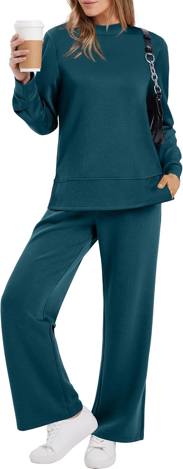 imageXIEERDUO Womens Side Slit Lounge Sets 2 Piece Outfits Mock Neck Tracksuit Fashion Sweatsuit Wide Leg Loungewear S3XLTeal