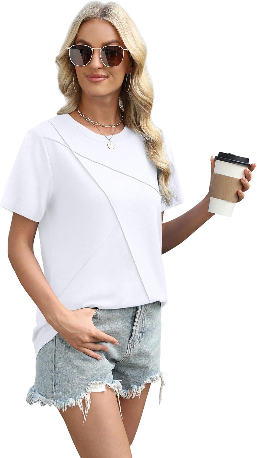 imageXIEERDUO Womens Summer Tops 2025 Pleated Round Neck Short Sleeve Shirts Business CasualA White
