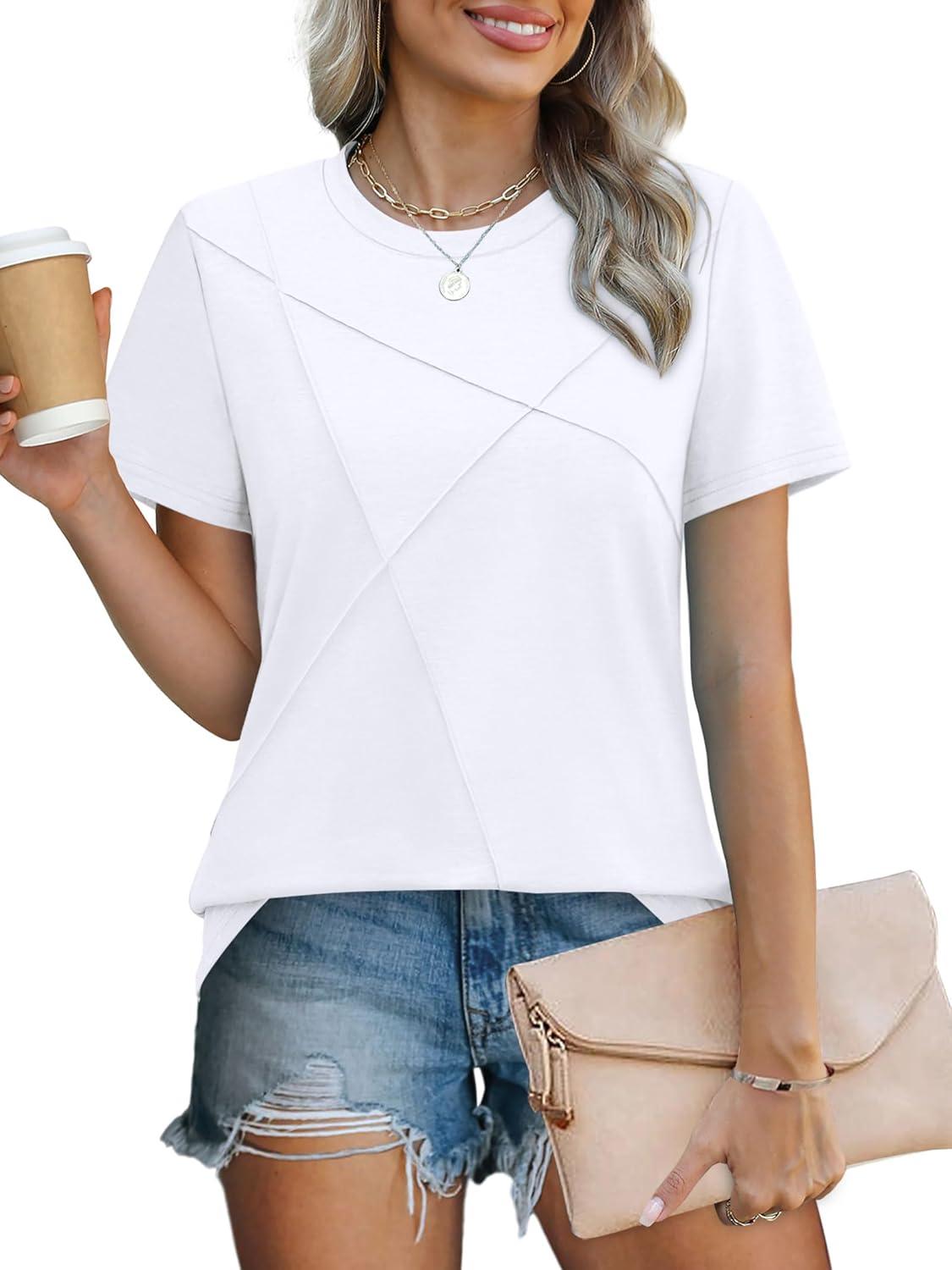 imageXIEERDUO Womens Summer Tops 2025 Pleated Round Neck Short Sleeve Shirts Business CasualA White