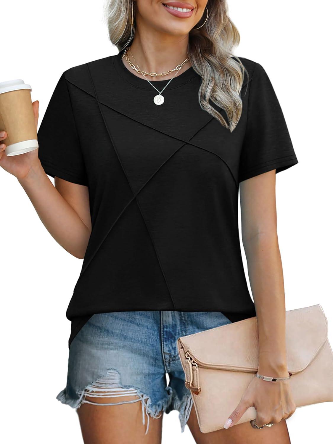 imageXIEERDUO Womens Summer Tops 2025 Pleated Round Neck Short Sleeve Shirts Business CasualBlack