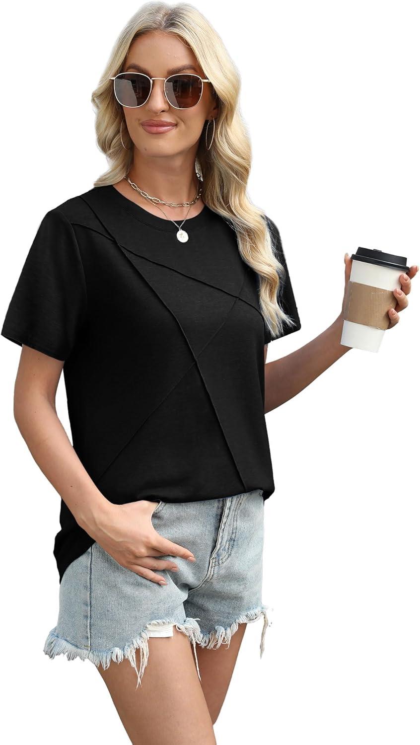imageXIEERDUO Womens Summer Tops 2025 Pleated Round Neck Short Sleeve Shirts Business CasualBlack