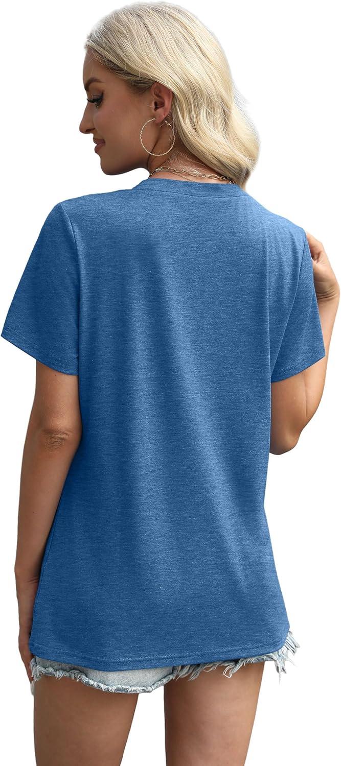 imageXIEERDUO Womens Summer Tops 2025 Pleated Round Neck Short Sleeve Shirts Business CasualBlue