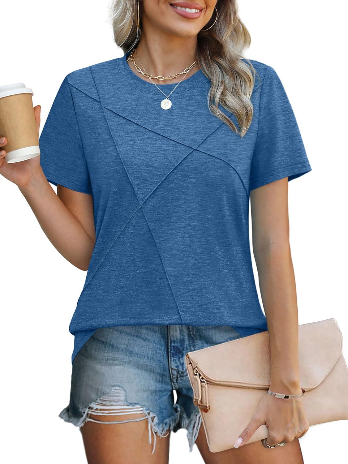 imageXIEERDUO Womens Summer Tops 2025 Pleated Round Neck Short Sleeve Shirts Business CasualBlue