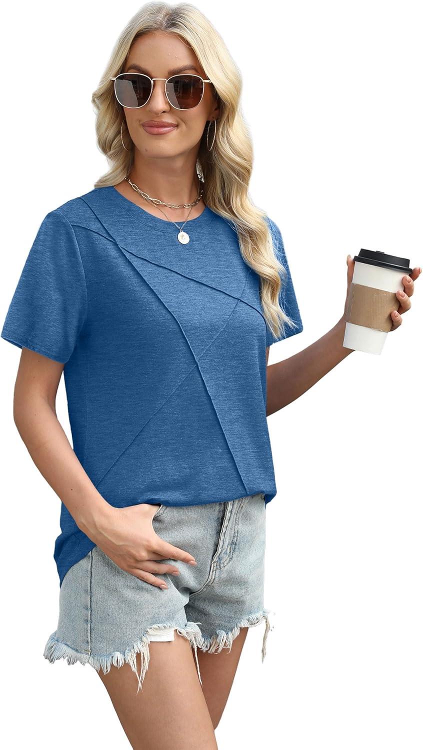 imageXIEERDUO Womens Summer Tops 2025 Pleated Round Neck Short Sleeve Shirts Business CasualBlue