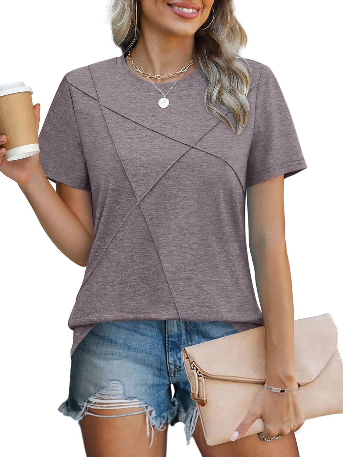 imageXIEERDUO Womens Summer Tops 2025 Pleated Round Neck Short Sleeve Shirts Business CasualCoffee Grey