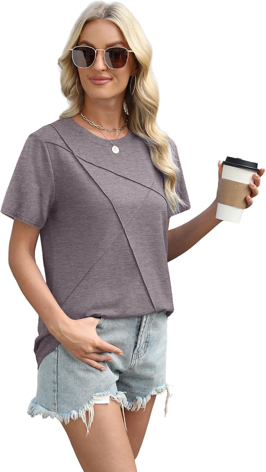 imageXIEERDUO Womens Summer Tops 2025 Pleated Round Neck Short Sleeve Shirts Business CasualCoffee Grey
