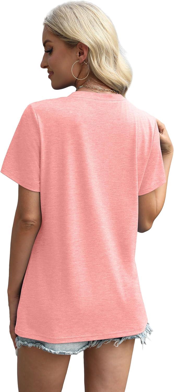 imageXIEERDUO Womens Summer Tops 2025 Pleated Round Neck Short Sleeve Shirts Business CasualCoral