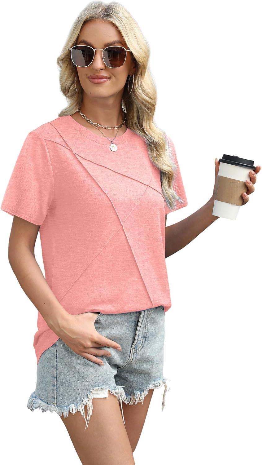 imageXIEERDUO Womens Summer Tops 2025 Pleated Round Neck Short Sleeve Shirts Business CasualCoral