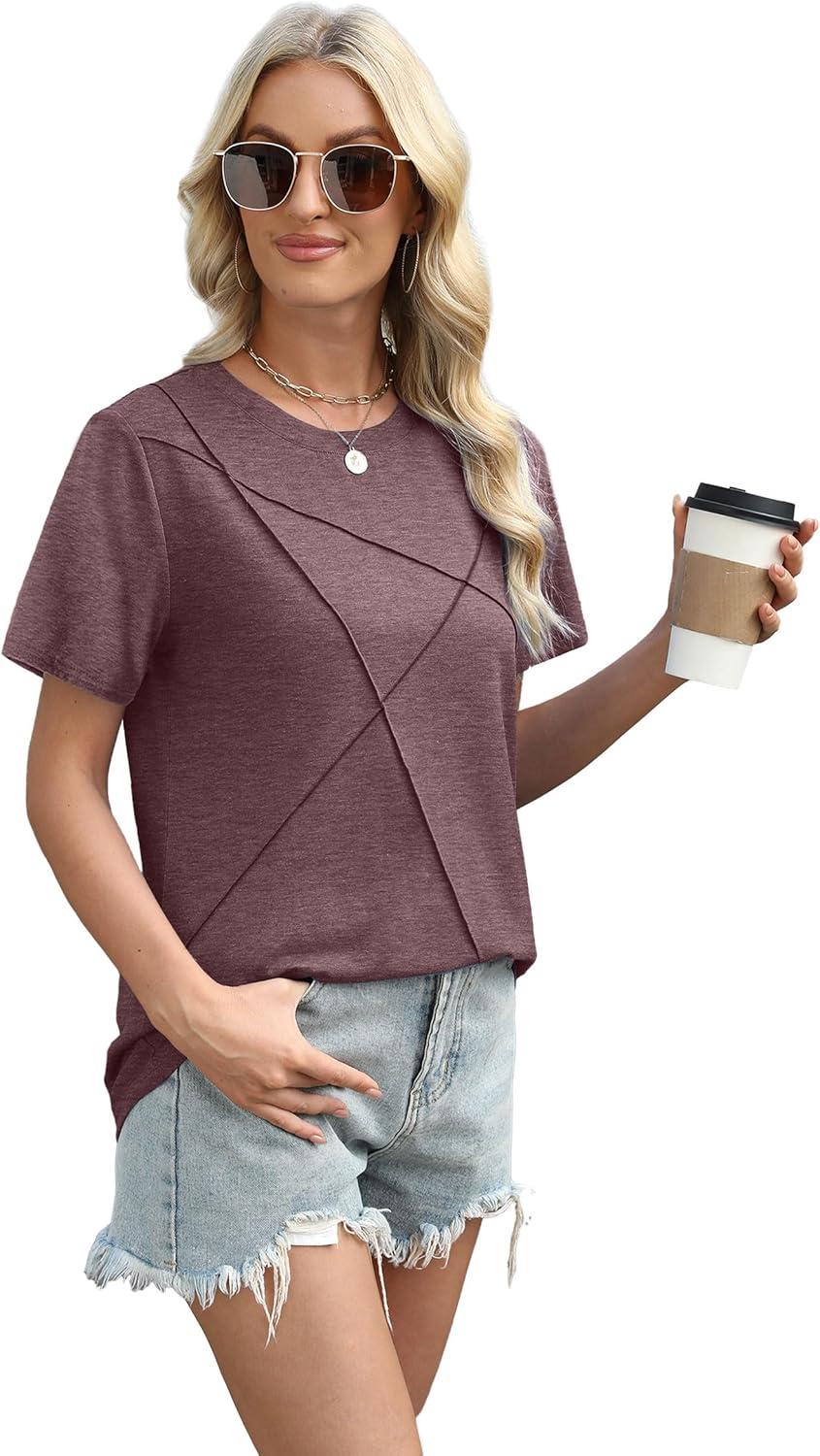 imageXIEERDUO Womens Summer Tops 2025 Pleated Round Neck Short Sleeve Shirts Business CasualDark Red