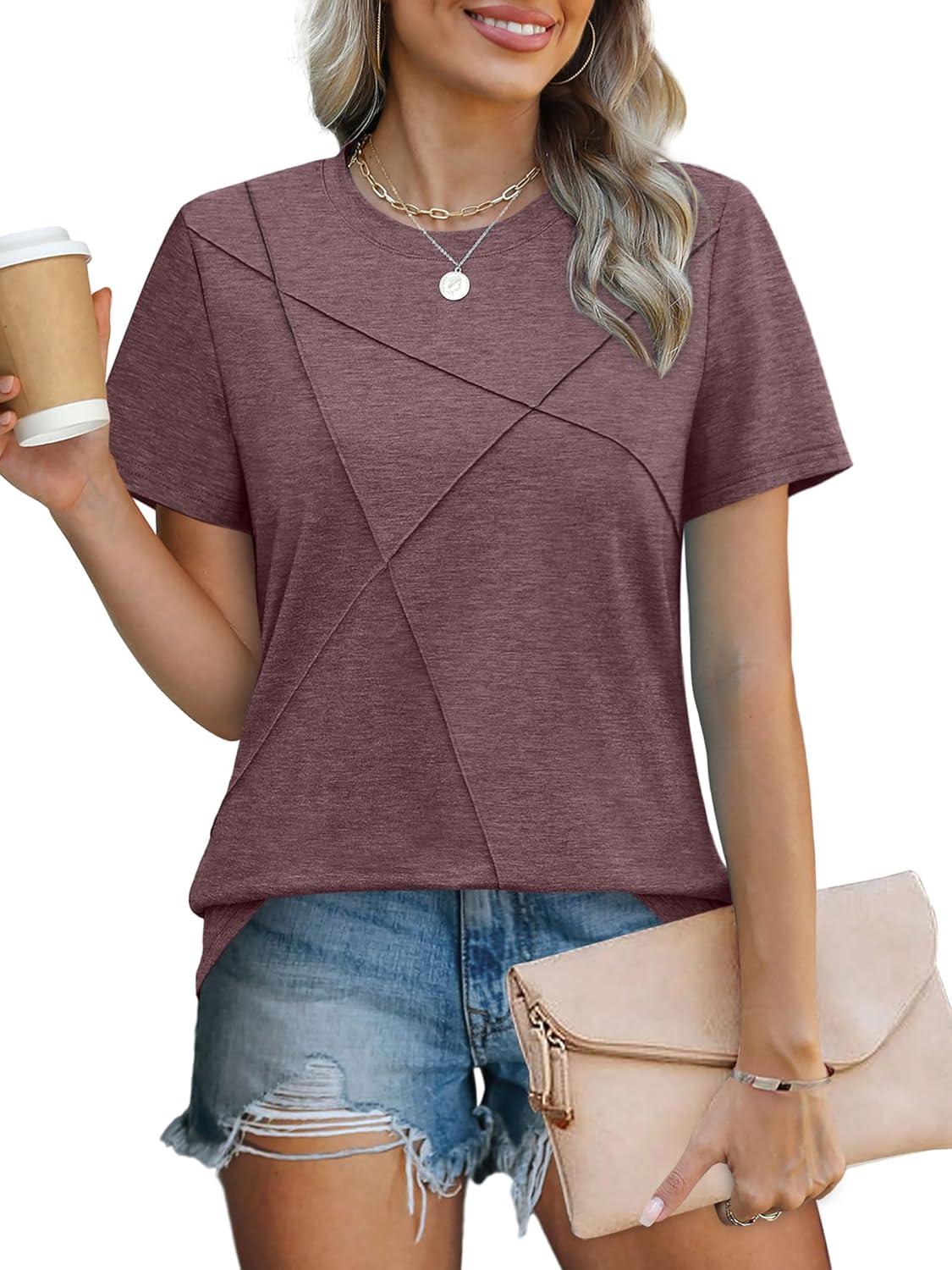 imageXIEERDUO Womens Summer Tops 2025 Pleated Round Neck Short Sleeve Shirts Business CasualDark Red