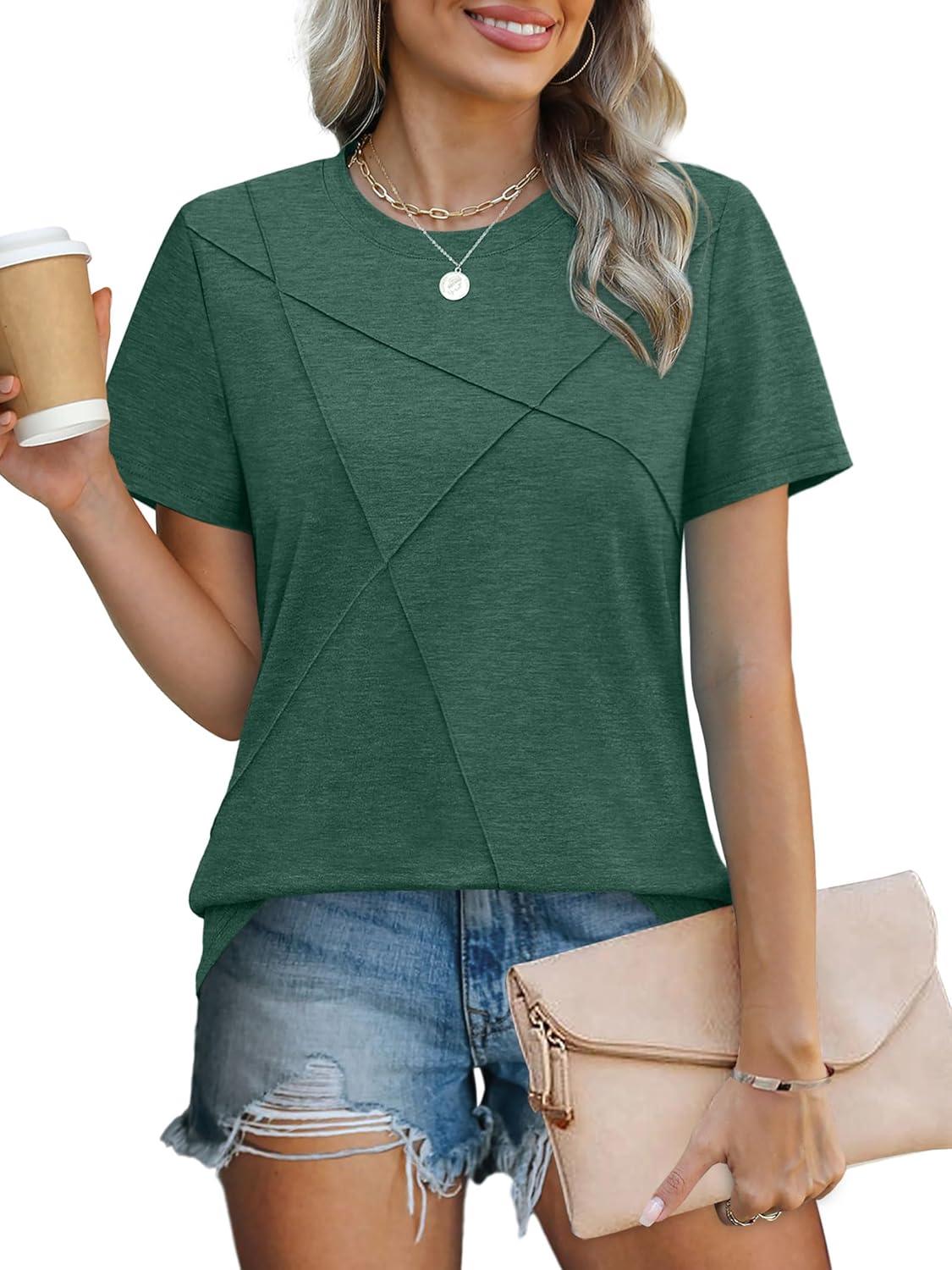 imageXIEERDUO Womens Summer Tops 2025 Pleated Round Neck Short Sleeve Shirts Business CasualGreen