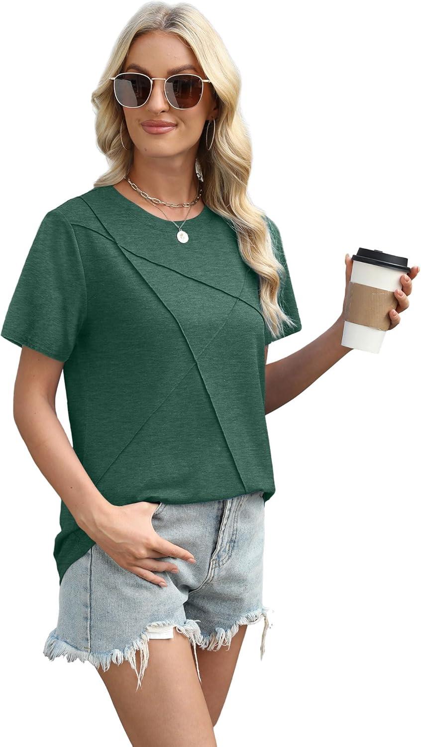 imageXIEERDUO Womens Summer Tops 2025 Pleated Round Neck Short Sleeve Shirts Business CasualGreen