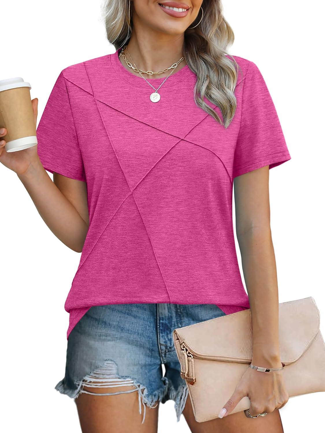 imageXIEERDUO Womens Summer Tops 2025 Pleated Round Neck Short Sleeve Shirts Business CasualHot Pink