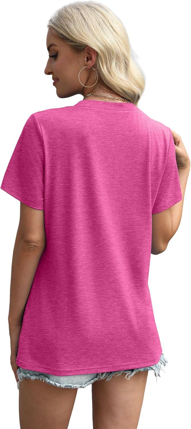 imageXIEERDUO Womens Summer Tops 2025 Pleated Round Neck Short Sleeve Shirts Business CasualHot Pink