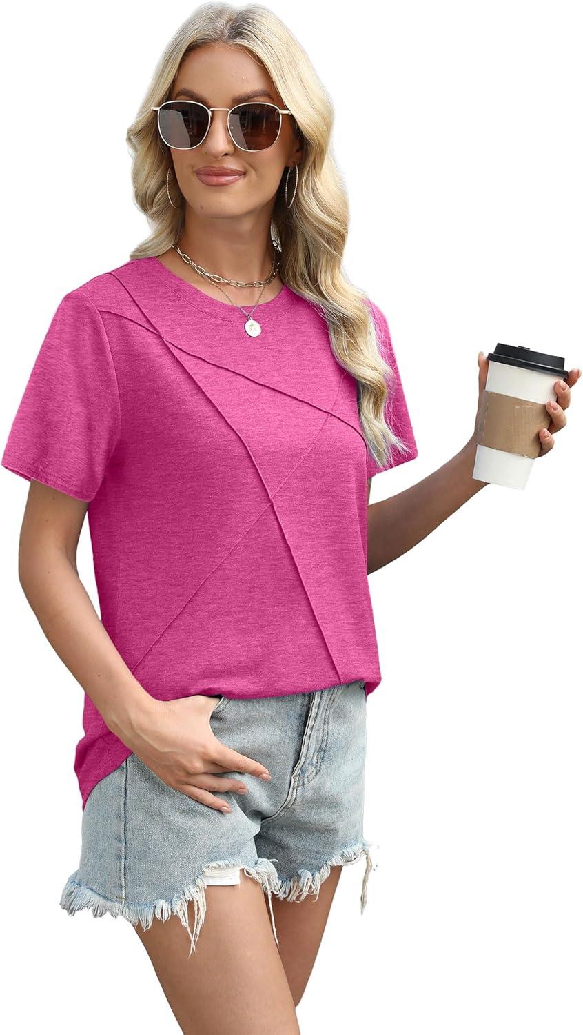 imageXIEERDUO Womens Summer Tops 2025 Pleated Round Neck Short Sleeve Shirts Business CasualHot Pink
