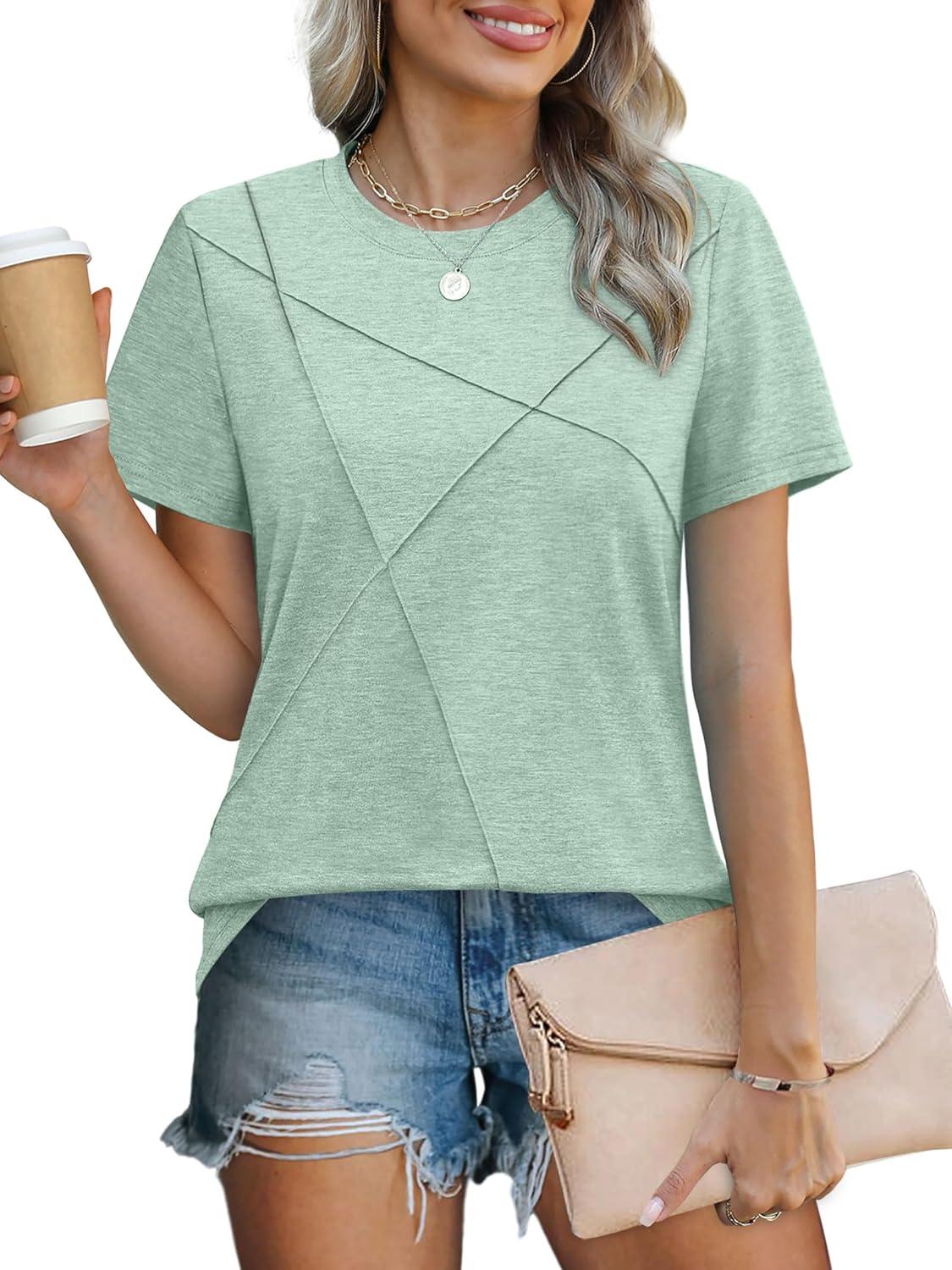 imageXIEERDUO Womens Summer Tops 2025 Pleated Round Neck Short Sleeve Shirts Business CasualLight Green