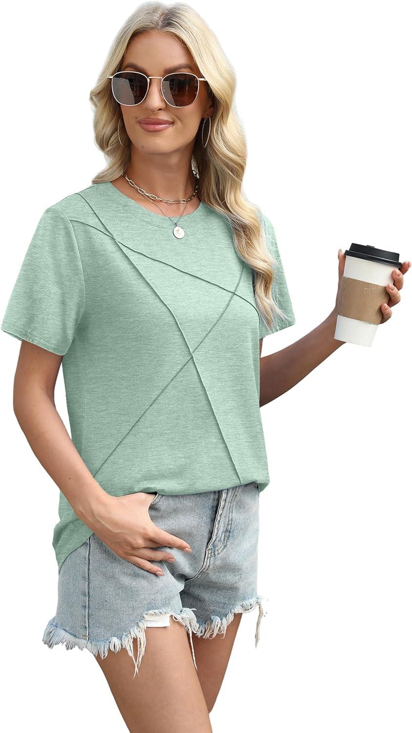 imageXIEERDUO Womens Summer Tops 2025 Pleated Round Neck Short Sleeve Shirts Business CasualLight Green