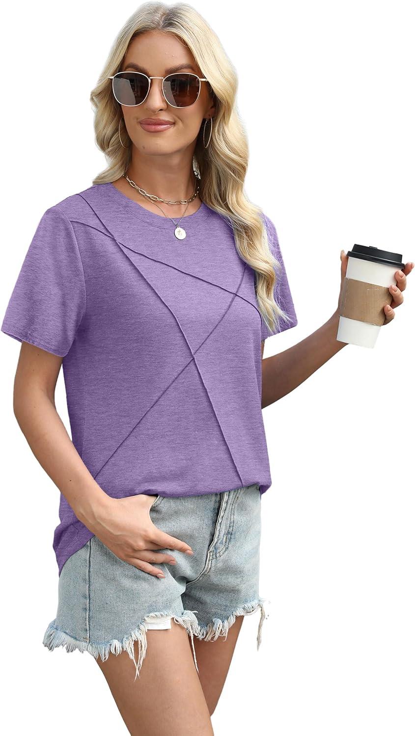 imageXIEERDUO Womens Summer Tops 2025 Pleated Round Neck Short Sleeve Shirts Business CasualPurple