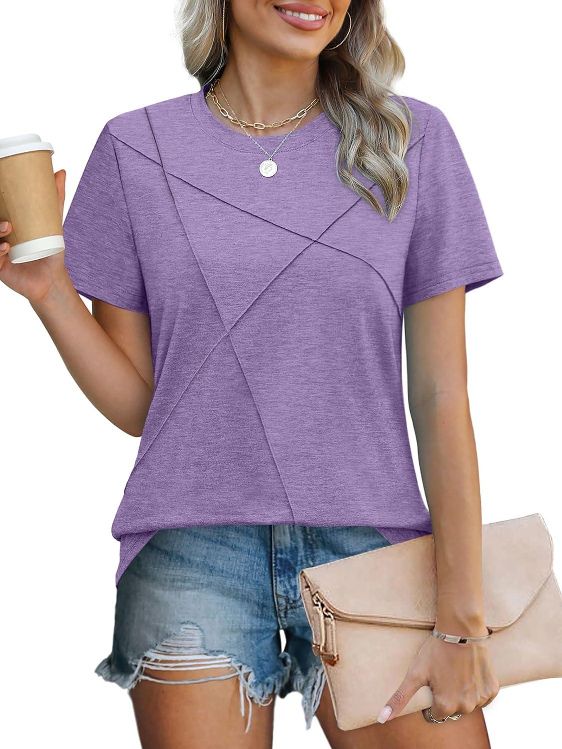 imageXIEERDUO Womens Summer Tops 2025 Pleated Round Neck Short Sleeve Shirts Business CasualPurple
