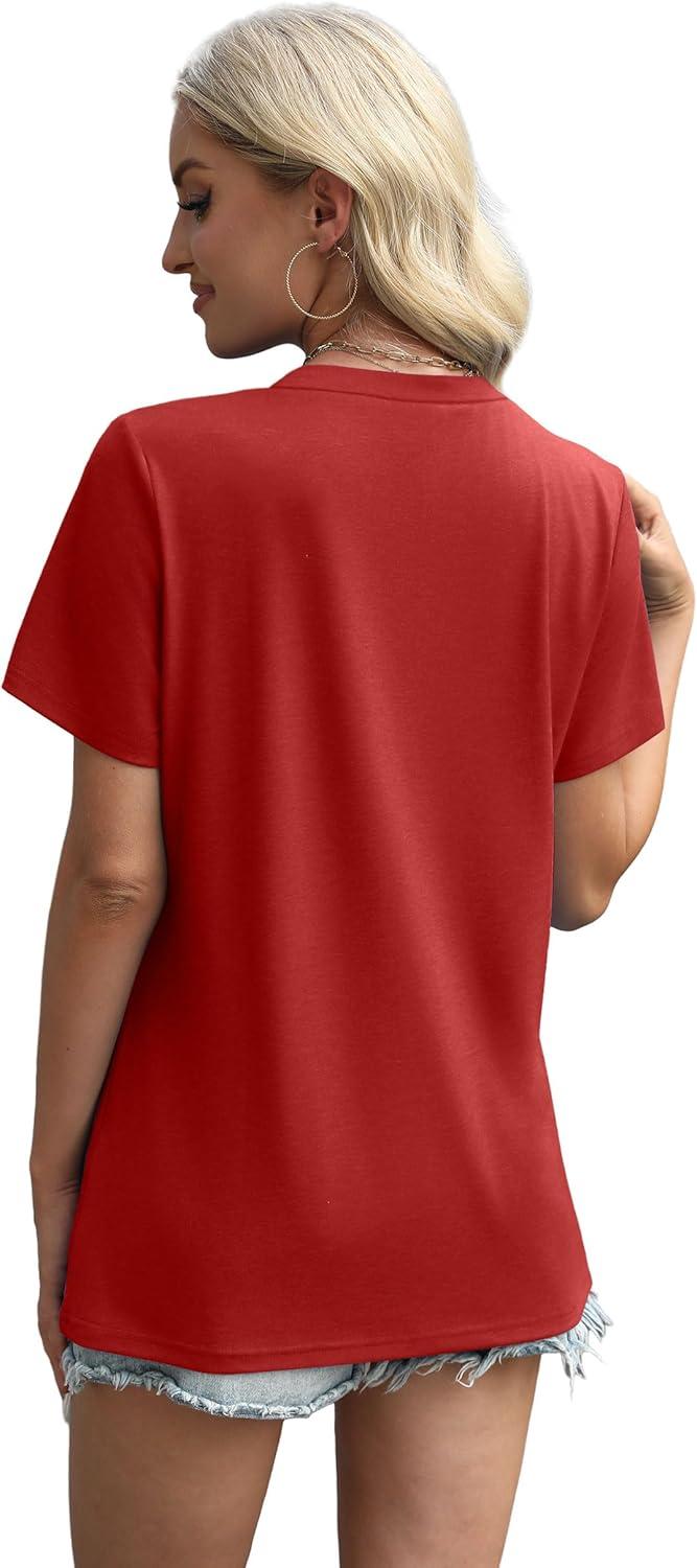 imageXIEERDUO Womens Summer Tops 2025 Pleated Round Neck Short Sleeve Shirts Business CasualRed