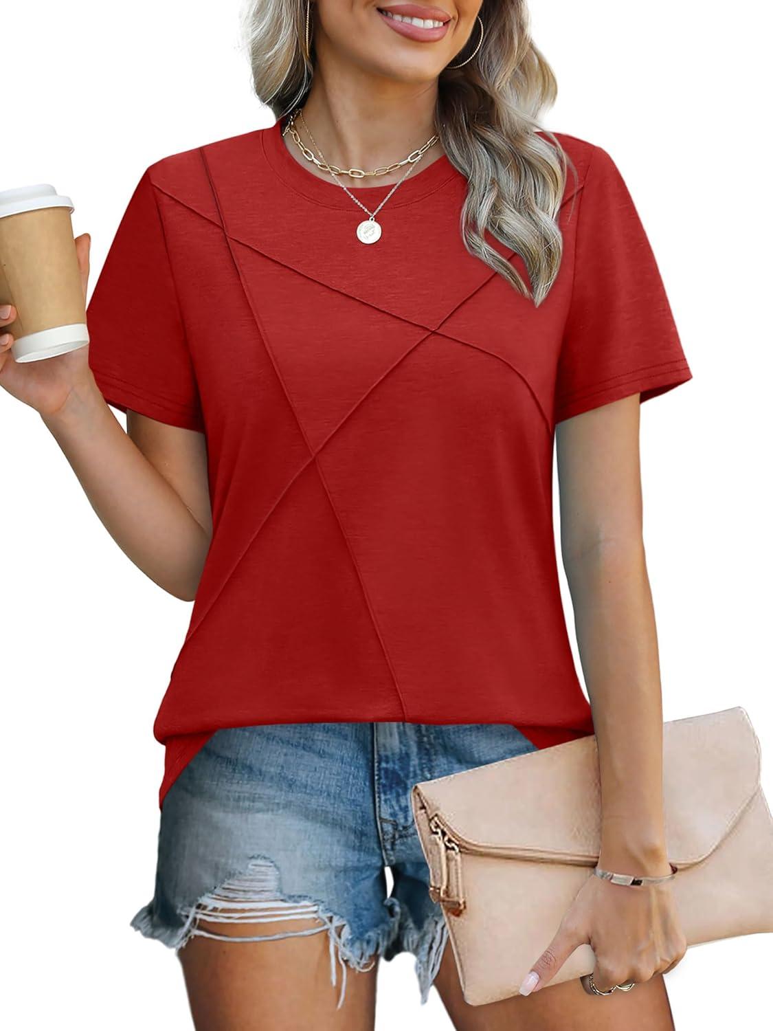 imageXIEERDUO Womens Summer Tops 2025 Pleated Round Neck Short Sleeve Shirts Business CasualRed