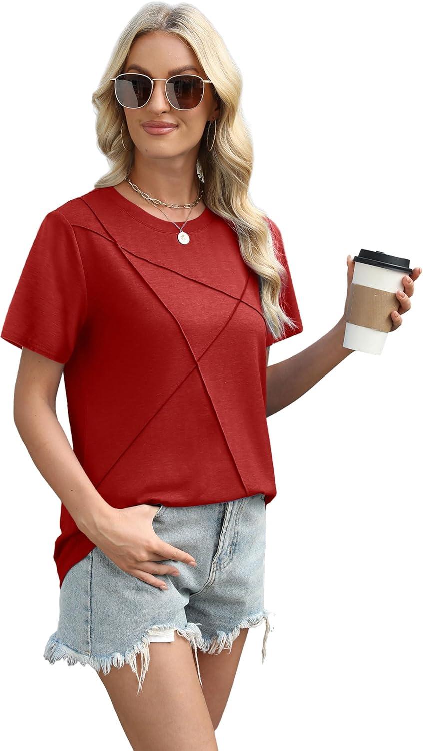 imageXIEERDUO Womens Summer Tops 2025 Pleated Round Neck Short Sleeve Shirts Business CasualRed