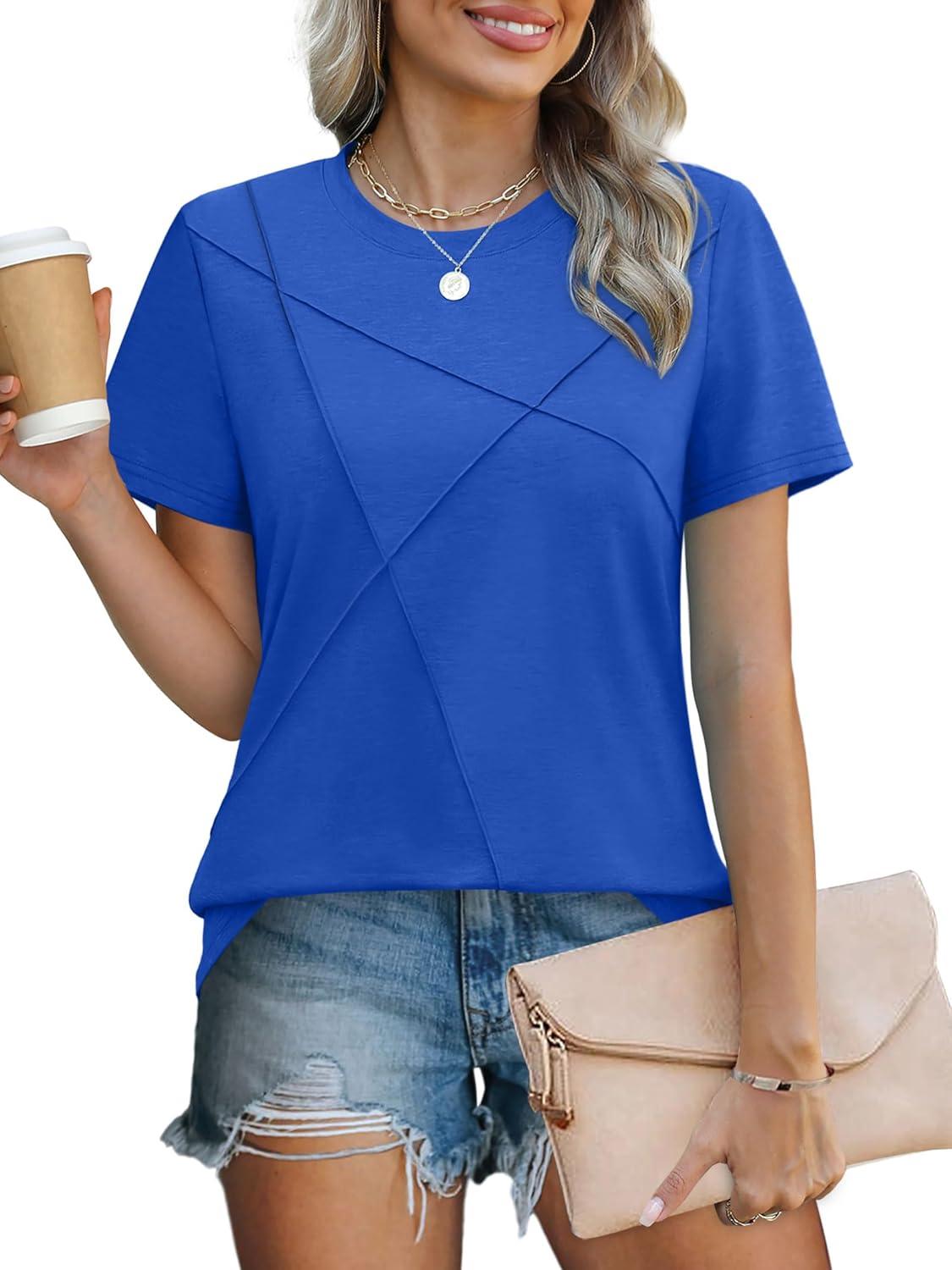 imageXIEERDUO Womens Summer Tops 2025 Pleated Round Neck Short Sleeve Shirts Business CasualRoyal Blue