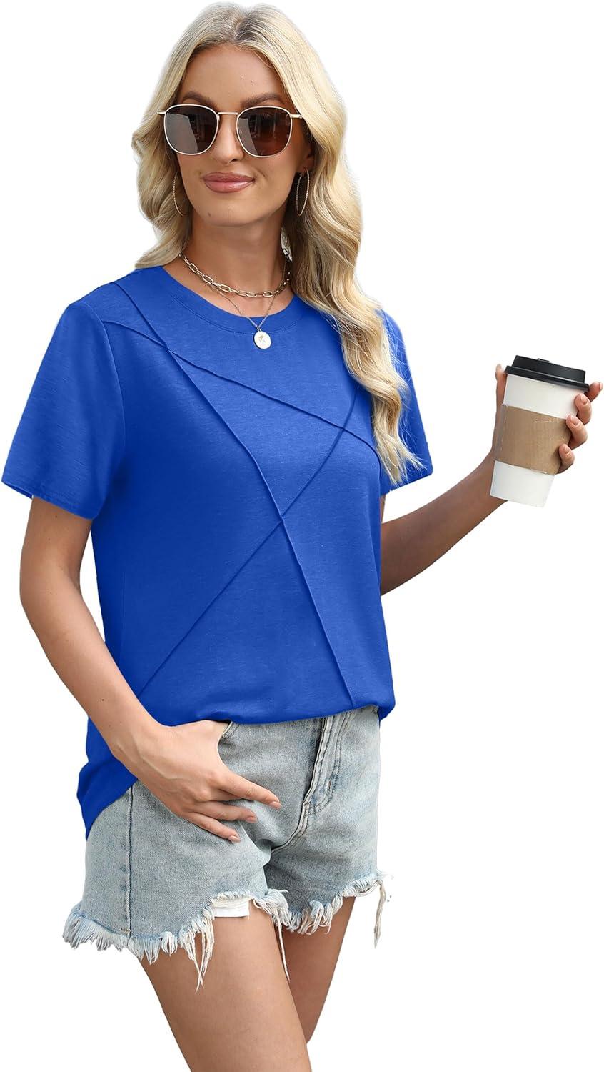 imageXIEERDUO Womens Summer Tops 2025 Pleated Round Neck Short Sleeve Shirts Business CasualRoyal Blue
