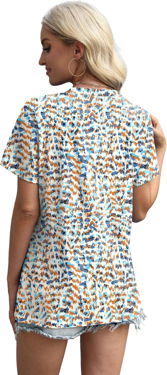 imageXIEERDUO Womens Summer Tops 2025 Pleated Round Neck Short Sleeve Shirts Business CasualZ Blue Dot