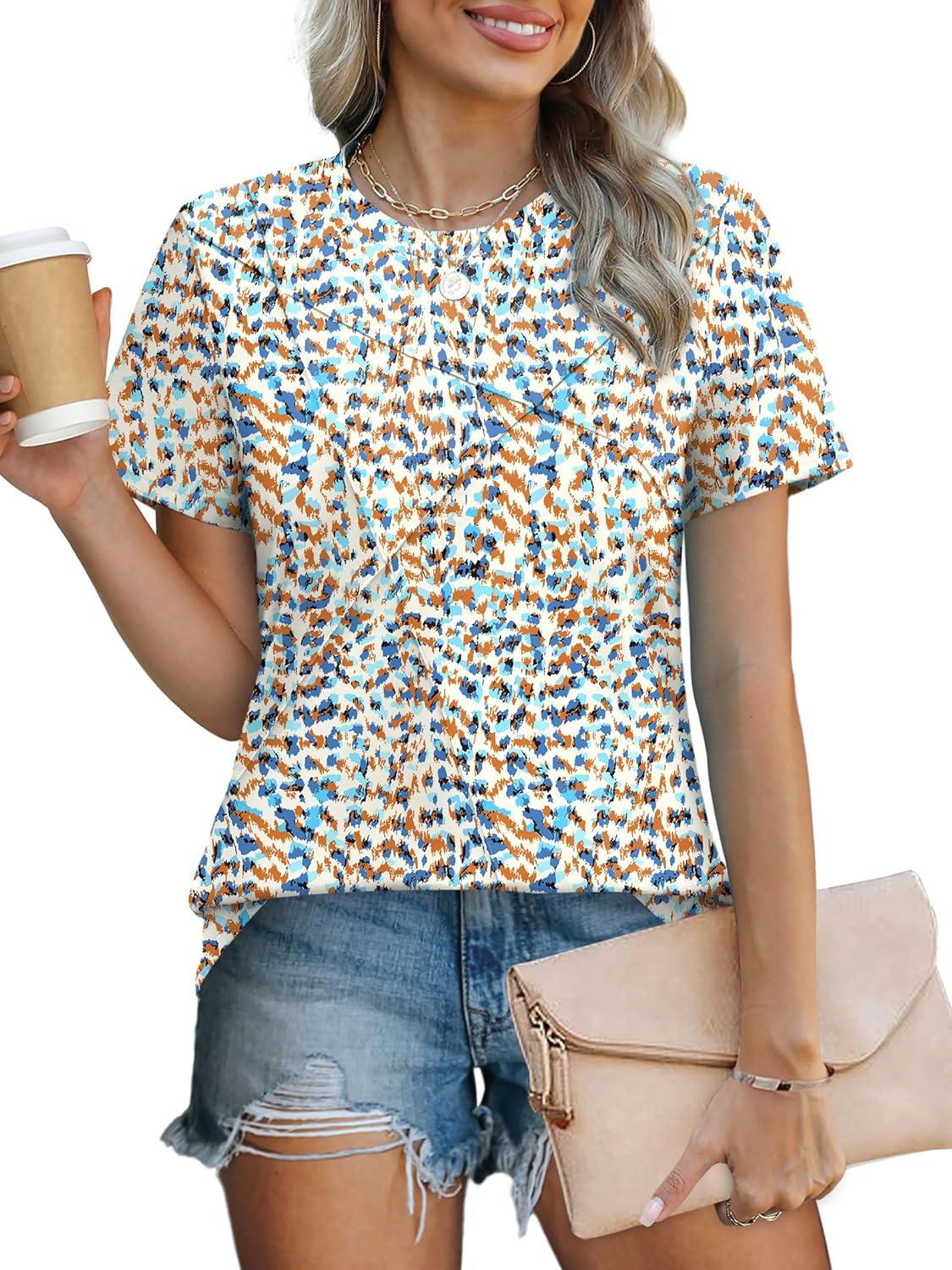 imageXIEERDUO Womens Summer Tops 2025 Pleated Round Neck Short Sleeve Shirts Business CasualZ Blue Dot