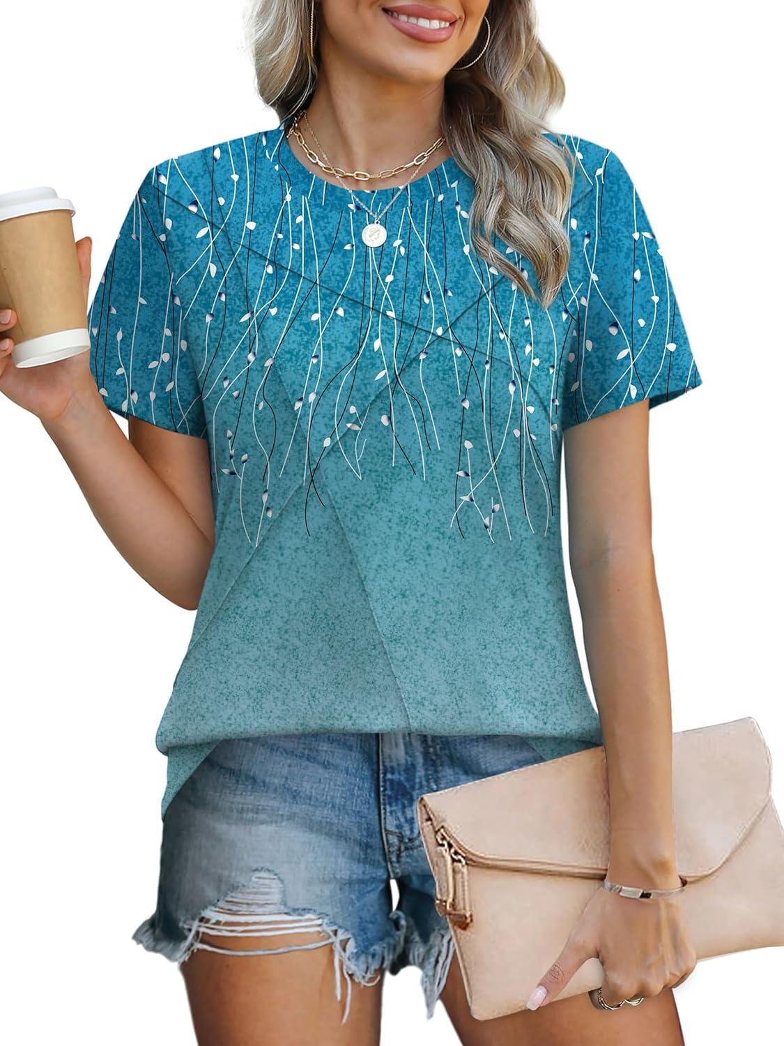 imageXIEERDUO Womens Summer Tops 2025 Pleated Round Neck Short Sleeve Shirts Business CasualZ Blue Striped