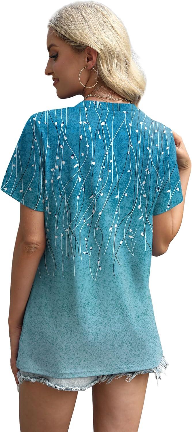 imageXIEERDUO Womens Summer Tops 2025 Pleated Round Neck Short Sleeve Shirts Business CasualZ Blue Striped