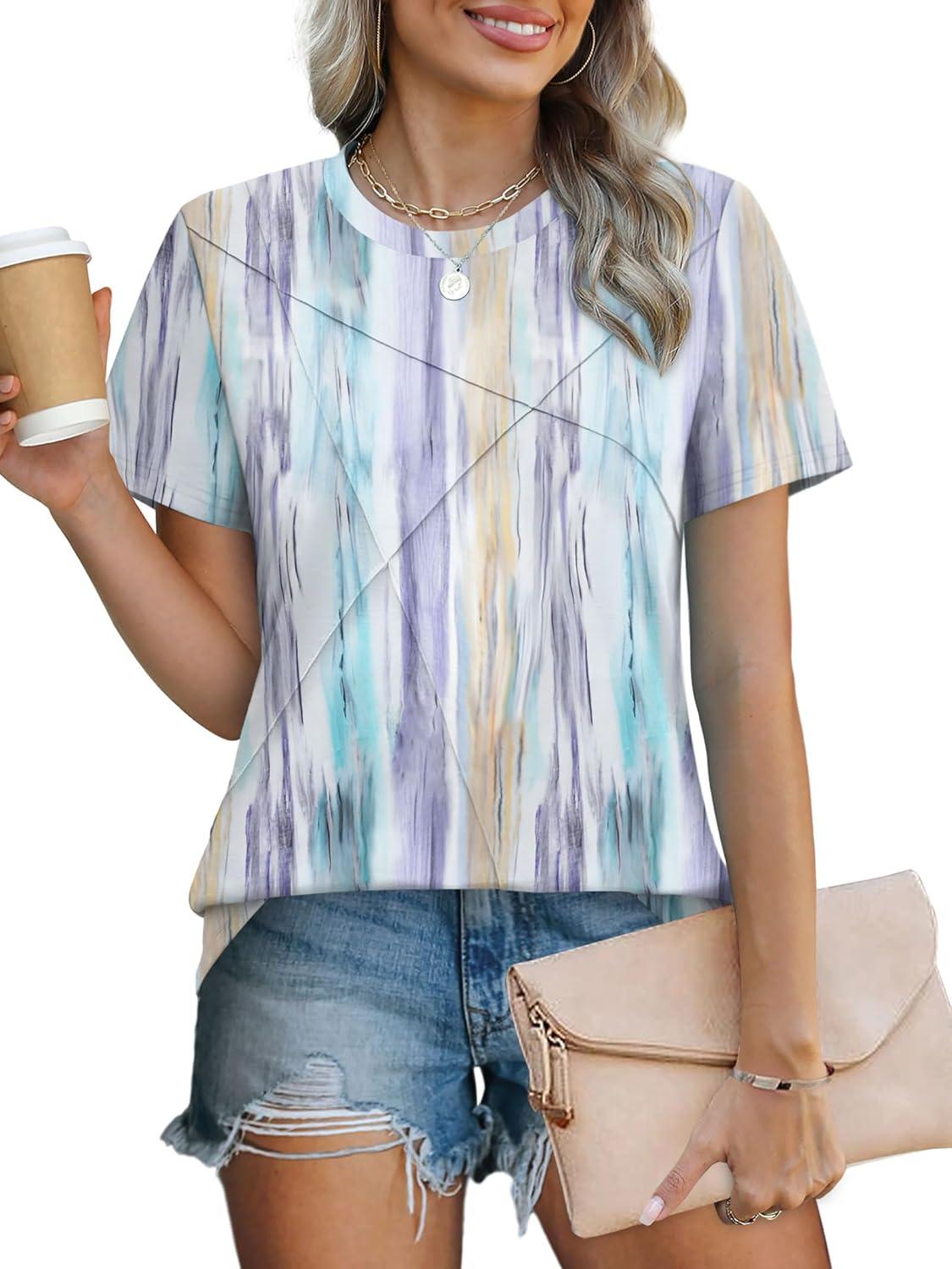 imageXIEERDUO Womens Summer Tops 2025 Pleated Round Neck Short Sleeve Shirts Business CasualZ Colorful Striped