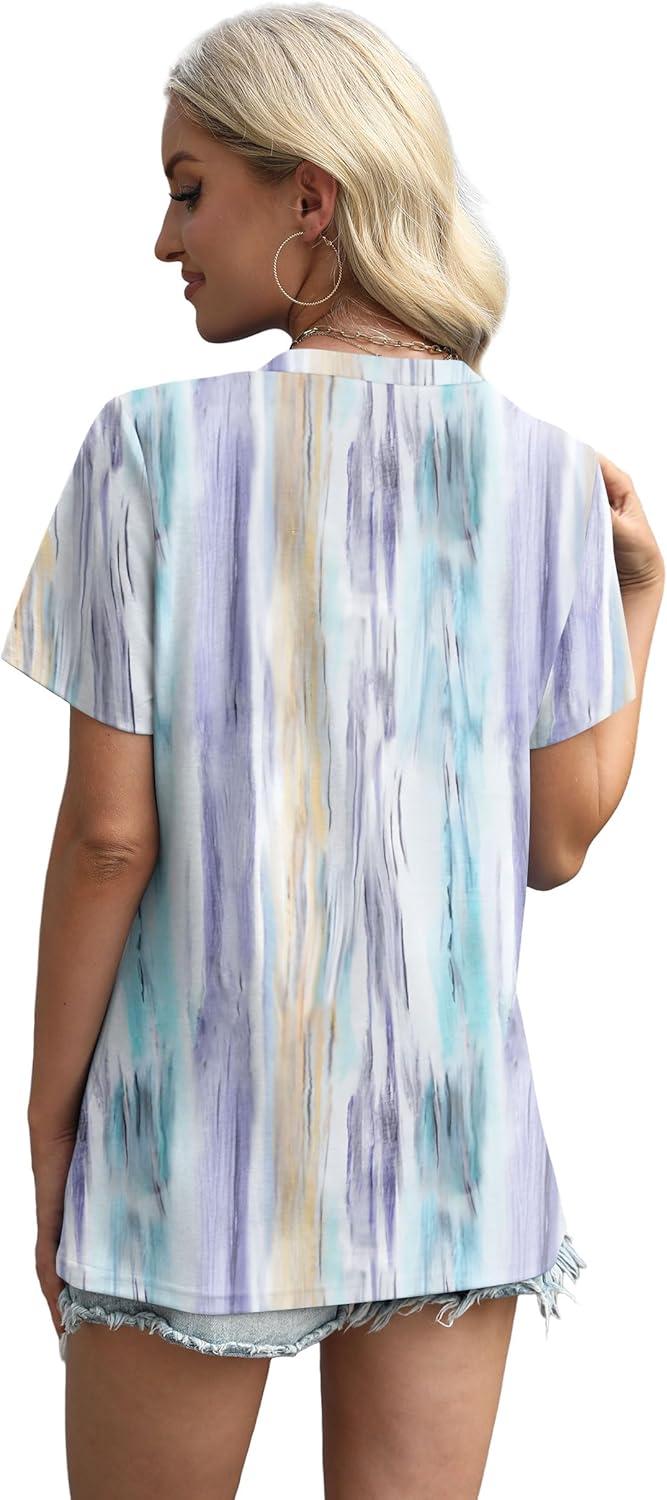 imageXIEERDUO Womens Summer Tops 2025 Pleated Round Neck Short Sleeve Shirts Business CasualZ Colorful Striped