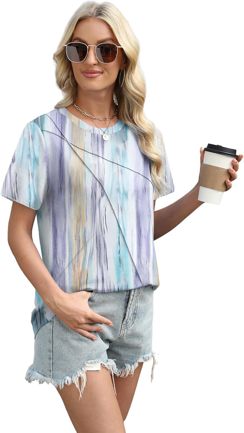 imageXIEERDUO Womens Summer Tops 2025 Pleated Round Neck Short Sleeve Shirts Business CasualZ Colorful Striped