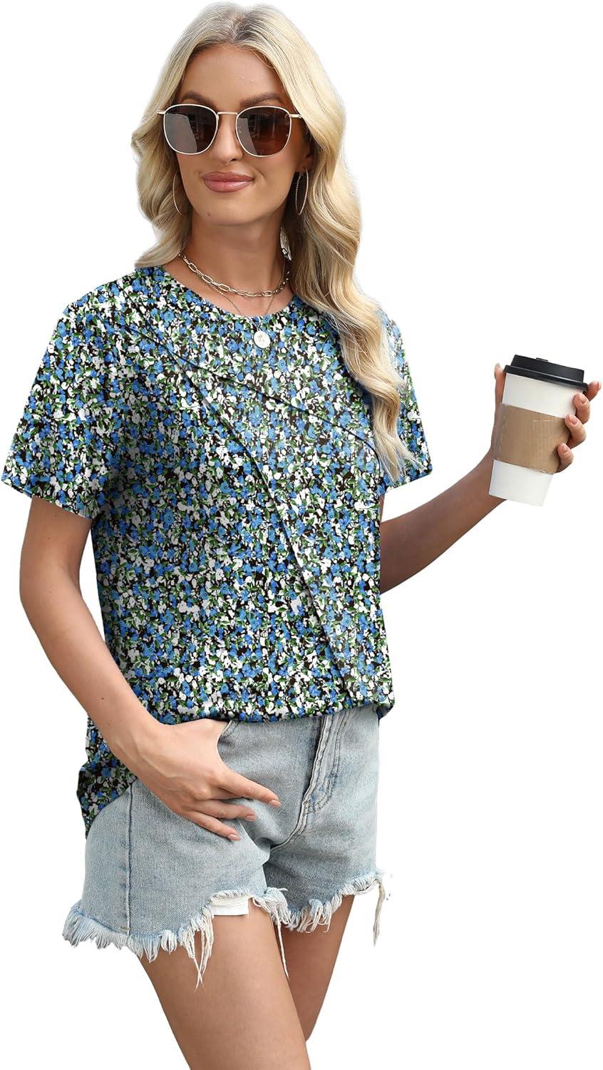 imageXIEERDUO Womens Summer Tops 2025 Pleated Round Neck Short Sleeve Shirts Business CasualZ Floral Blue