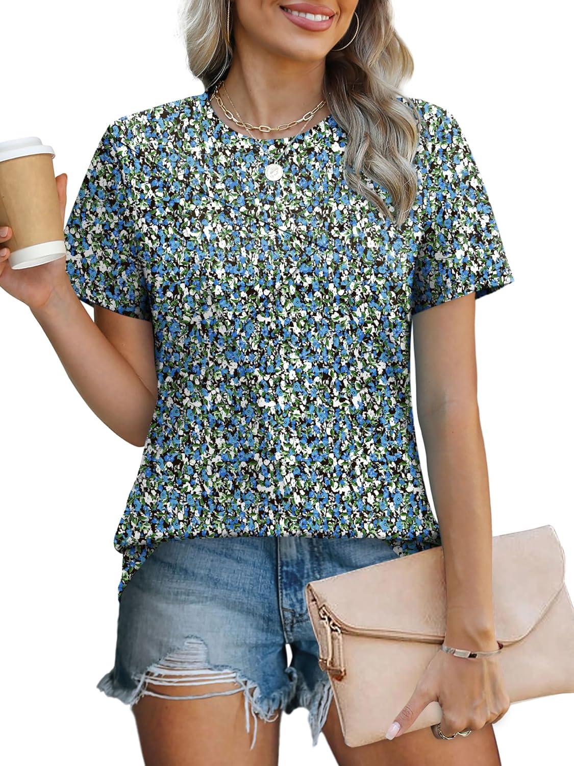 imageXIEERDUO Womens Summer Tops 2025 Pleated Round Neck Short Sleeve Shirts Business CasualZ Floral Blue