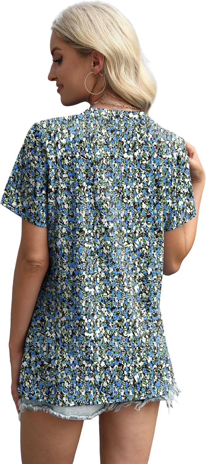 imageXIEERDUO Womens Summer Tops 2025 Pleated Round Neck Short Sleeve Shirts Business CasualZ Floral Blue