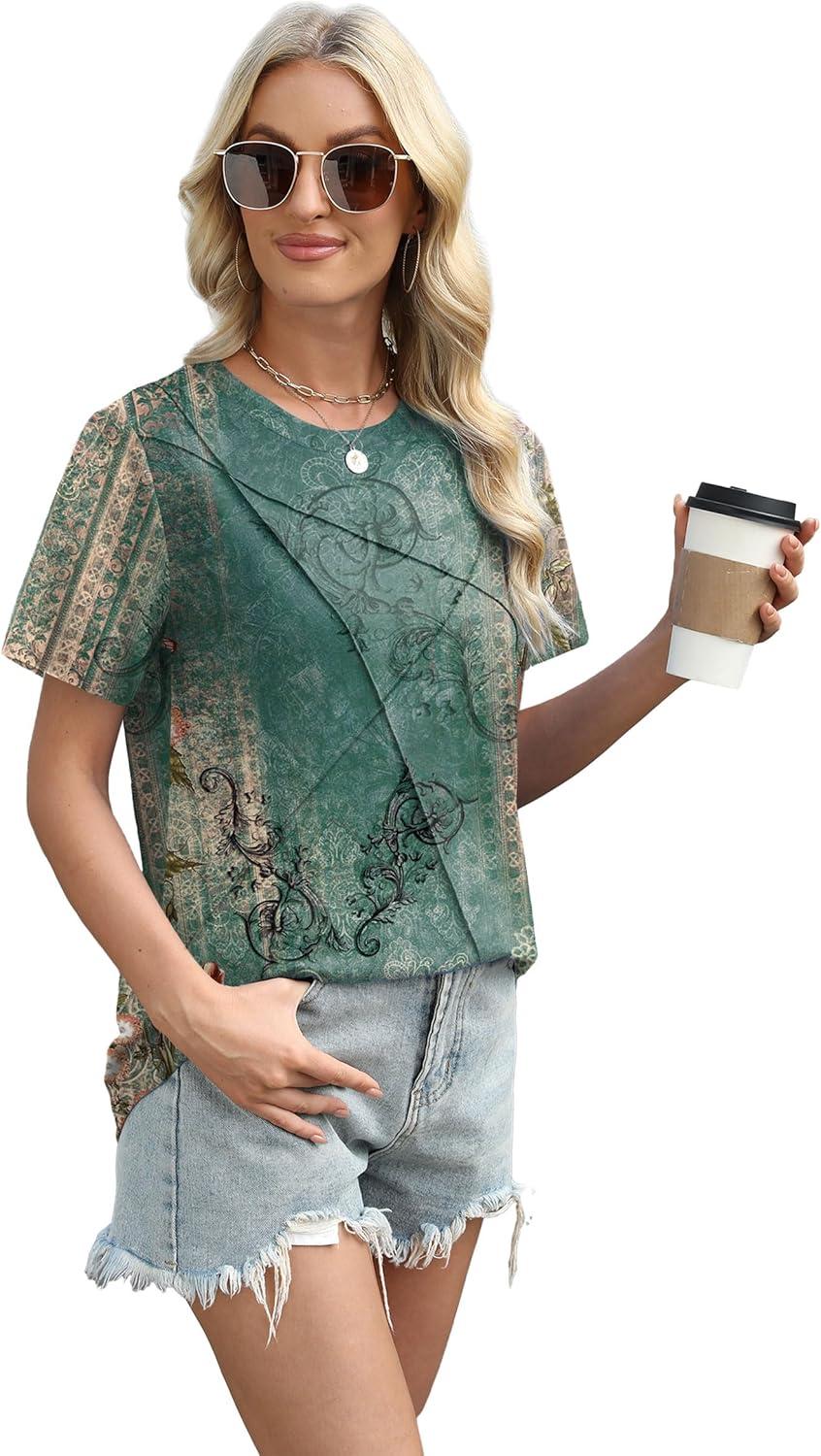 imageXIEERDUO Womens Summer Tops 2025 Pleated Round Neck Short Sleeve Shirts Business CasualZ Floral Green