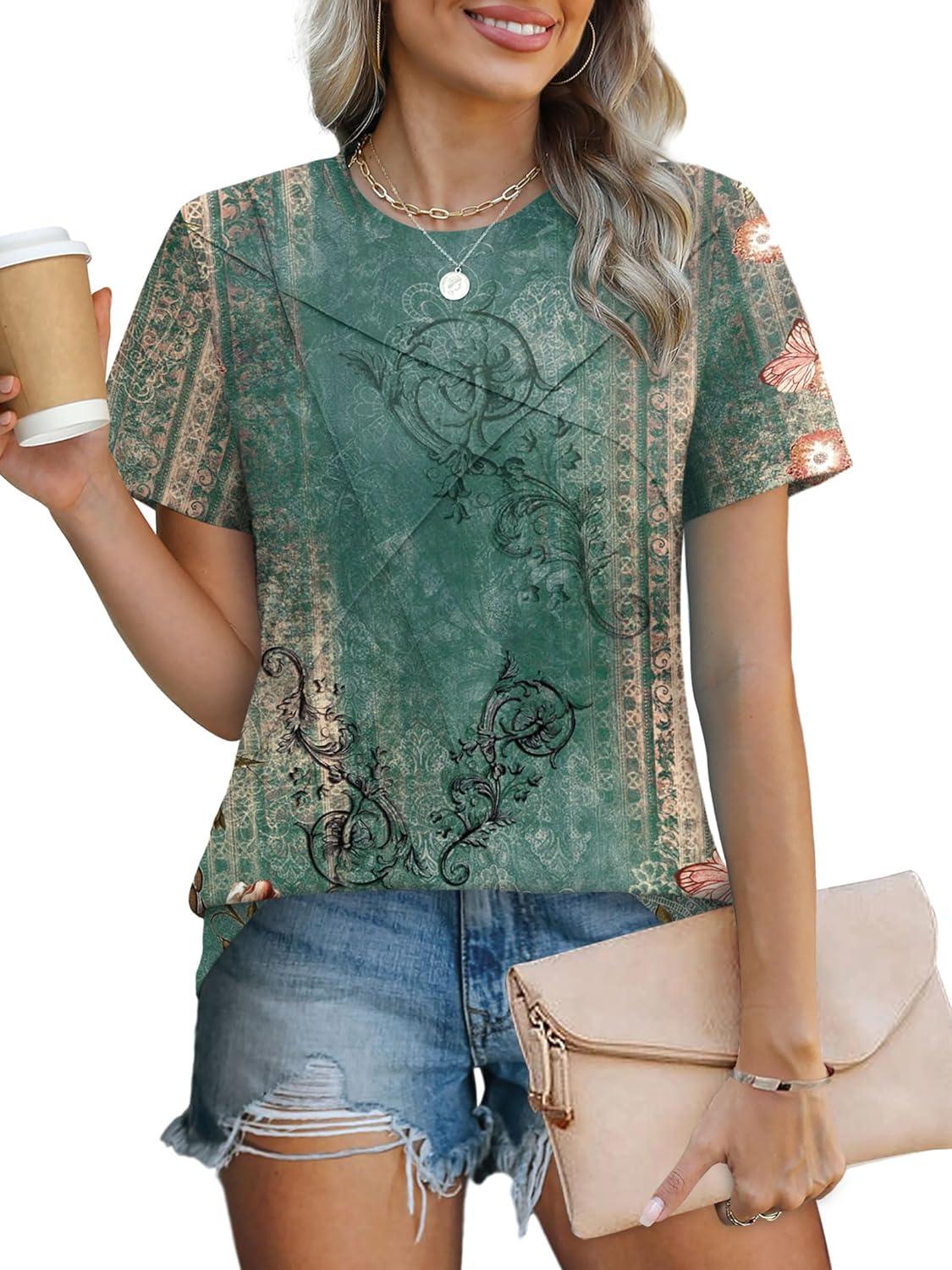 imageXIEERDUO Womens Summer Tops 2025 Pleated Round Neck Short Sleeve Shirts Business CasualZ Floral Green